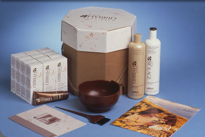 Hybrid hair color product packaging, outer carton, shampoo and prepack promotional package from Matrix Essentials, Inc.