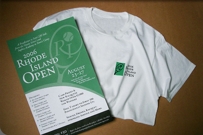 Identity, poster and Tee shirt logo design for the Rhode Island Open tennis fundraiser